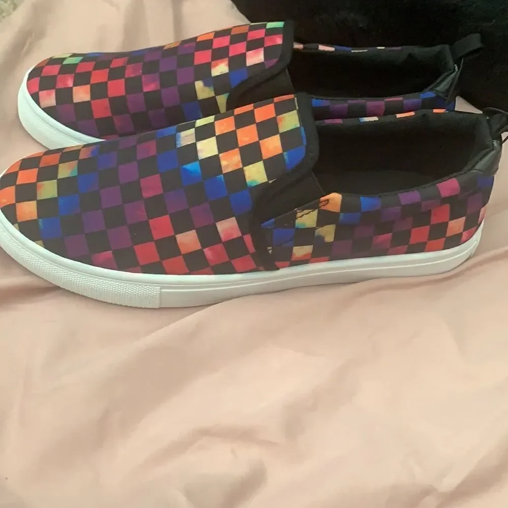 Rainbow Checkered Slip Ons‎